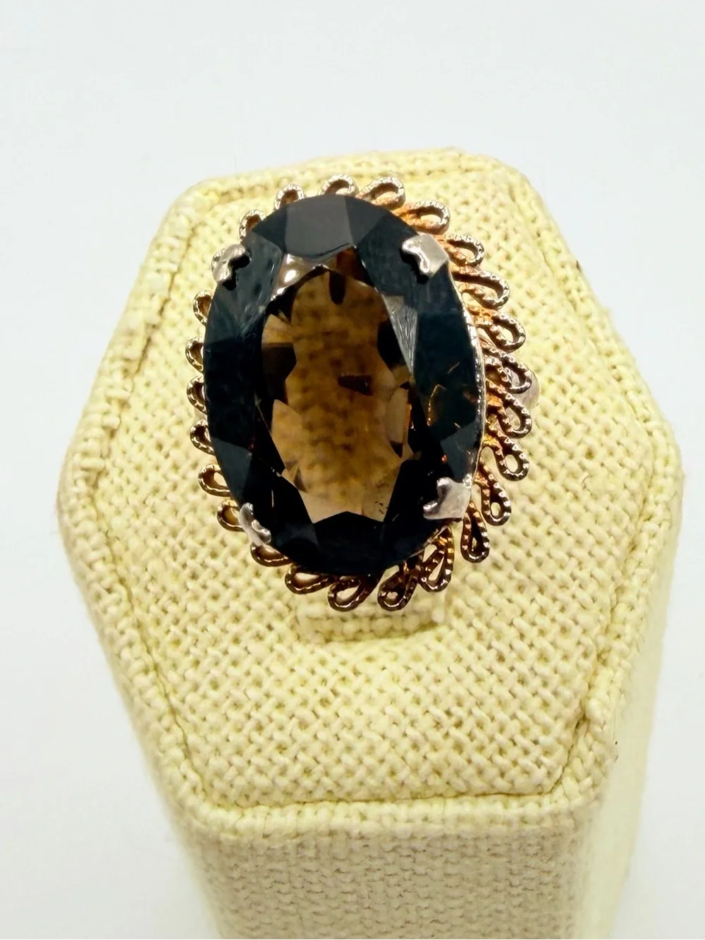 Vintage 1960s gold-tone adjustable smokey quartz cocktail ring